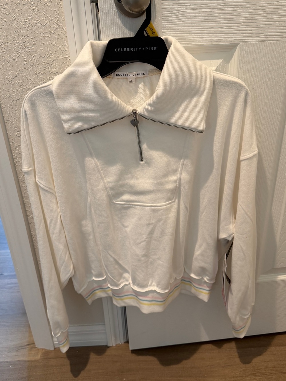 Celebrity Pink Ivory Half-Zip Sweatshirt with Pastel Stripe Hem